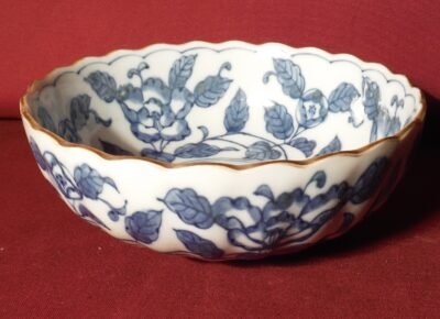 Vintage Round Scalloped Rim Asian Porcelain Bowl With Floral Design